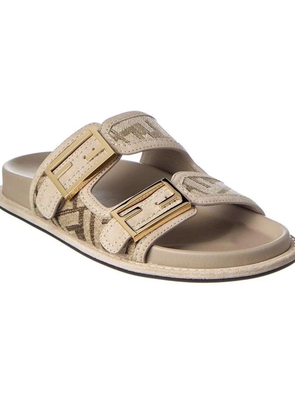 Fendi Chenille Taupe Monogram Double-Buckle Slide Sandals